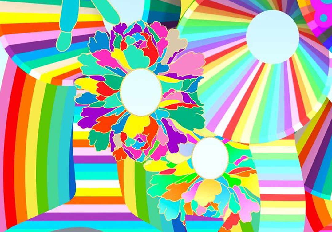 Rainbow-coloured petunias in Nature Etude, an artwork by Hiromi Tango