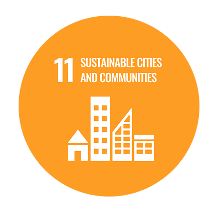 An orange square with "11 Sustainable Cities and Communities" written in white and a graphic of buildings