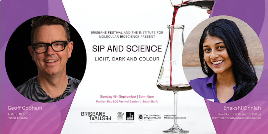  Light, Dark and Colour. Sunday 4 September, 3-4pm, Pavilion Bar, BOQ Festival Garden, South Bank. Picture of red wine being poured into a wine glass beaker.