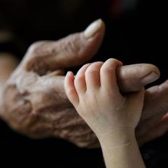 toddler holding grandparent hand