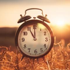 A clock sitting in a field at sunset