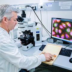 Researcher Darren Brown at microscope