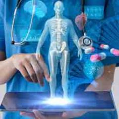 Healthcare worker with tablet and DNA strand, pills, body superimposed
