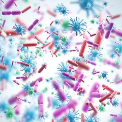 bacteria and viruses of various shapes against a blue background