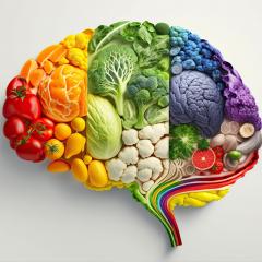 An image of a brain composed of various foods in various colours