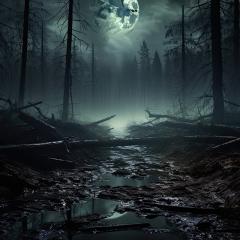 Dark night with full moon and trees 