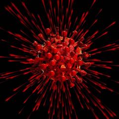A red SARS-CoV-2 coronavirus on a black background.