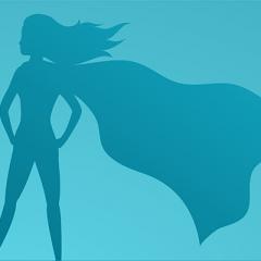 Shadow of superhero woman with cape on blue background 